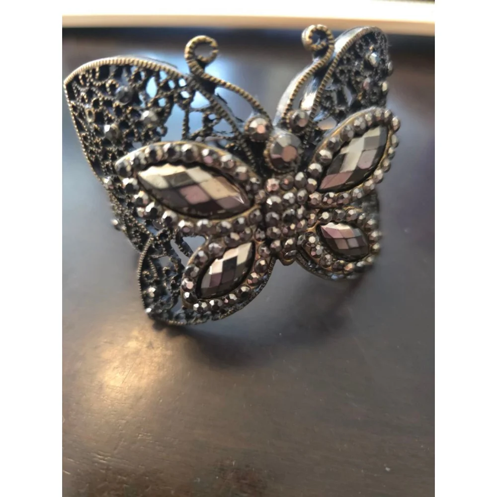 Women's Vintage Whimsigoth Bronze Black Butterfly Rhinestone Hinge Cuff Bracelet